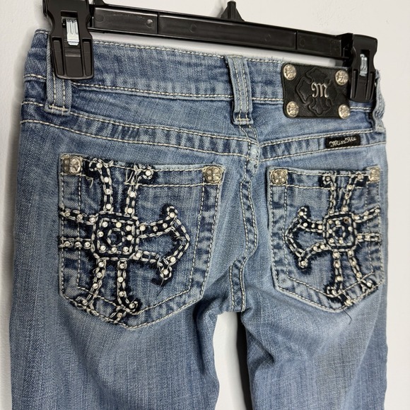 Miss Me Denim - Miss Me Jeans Size 24 JP500gR Blue Studded Rhinestone Cross Boot Cut Y2K Low Ris